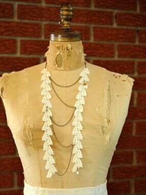 Handmade Venetian Lace Long Necklace | Ivory Bell Fringe | Bronze-tone Chain |
